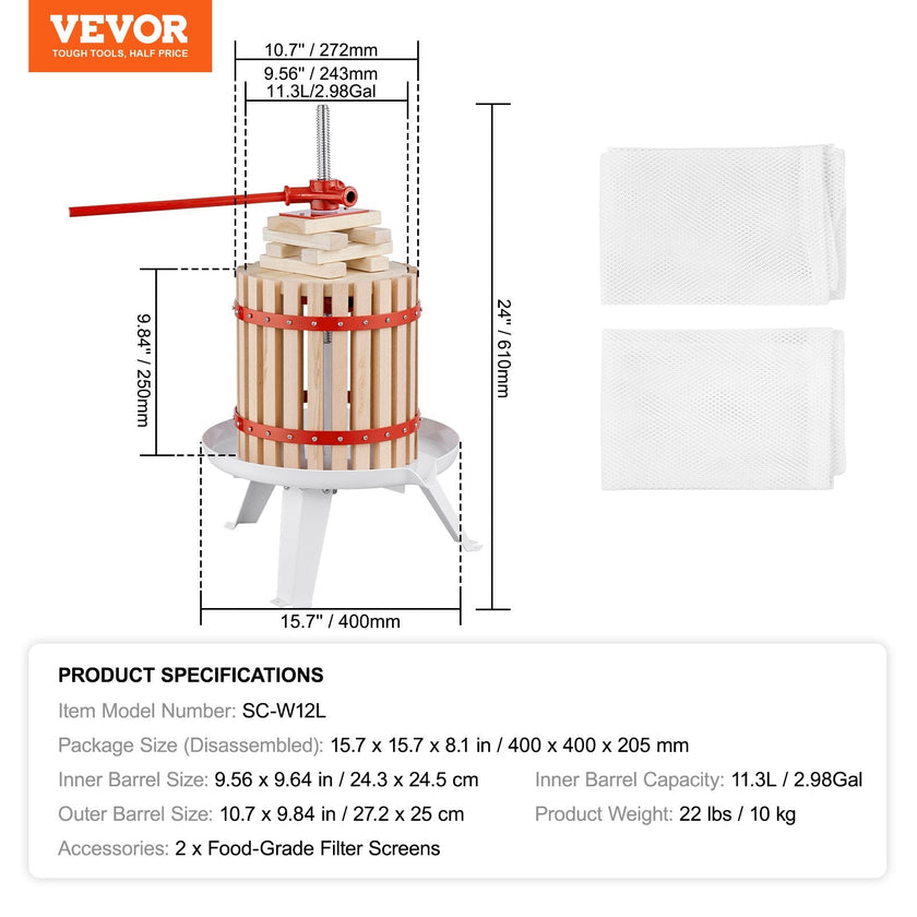 VEVOR Fruit Wine Press, 2.98 Gal/11.3L, Solid Wood Basket with 6 Blocks, Manual Juice Maker, Cider Apple Grape Tincture Vegetables Honey Olive Oil Making Press with Pole Handle Bar for Kitchen, Home