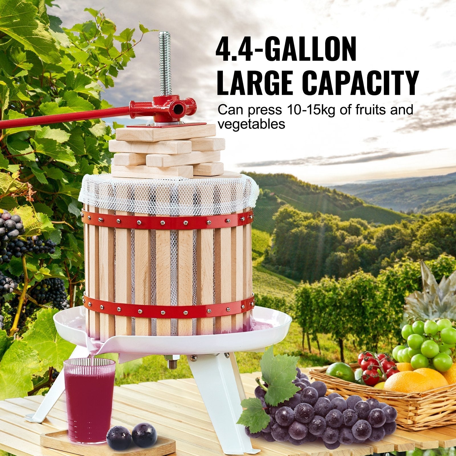 VEVOR Fruit Wine Press, 4.4 Gallon/16.7L, Solid Wood Basket with 8 Blocks, Manual Juice Maker, Cider Apple Grape Tincture Vegetables Honey Olive Oil Making Press with Pole Handle Bar for Kitchen, Home