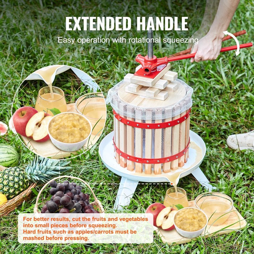 VEVOR Fruit Wine Press, 1.6 Gal/6.4L, Solid Wood Basket with 6 Blocks, Manual Juice Maker, Cider Apple Grape Tincture Vegetables Honey Olive Oil Making Press with Pole Handle Bar for Kitchen and Home