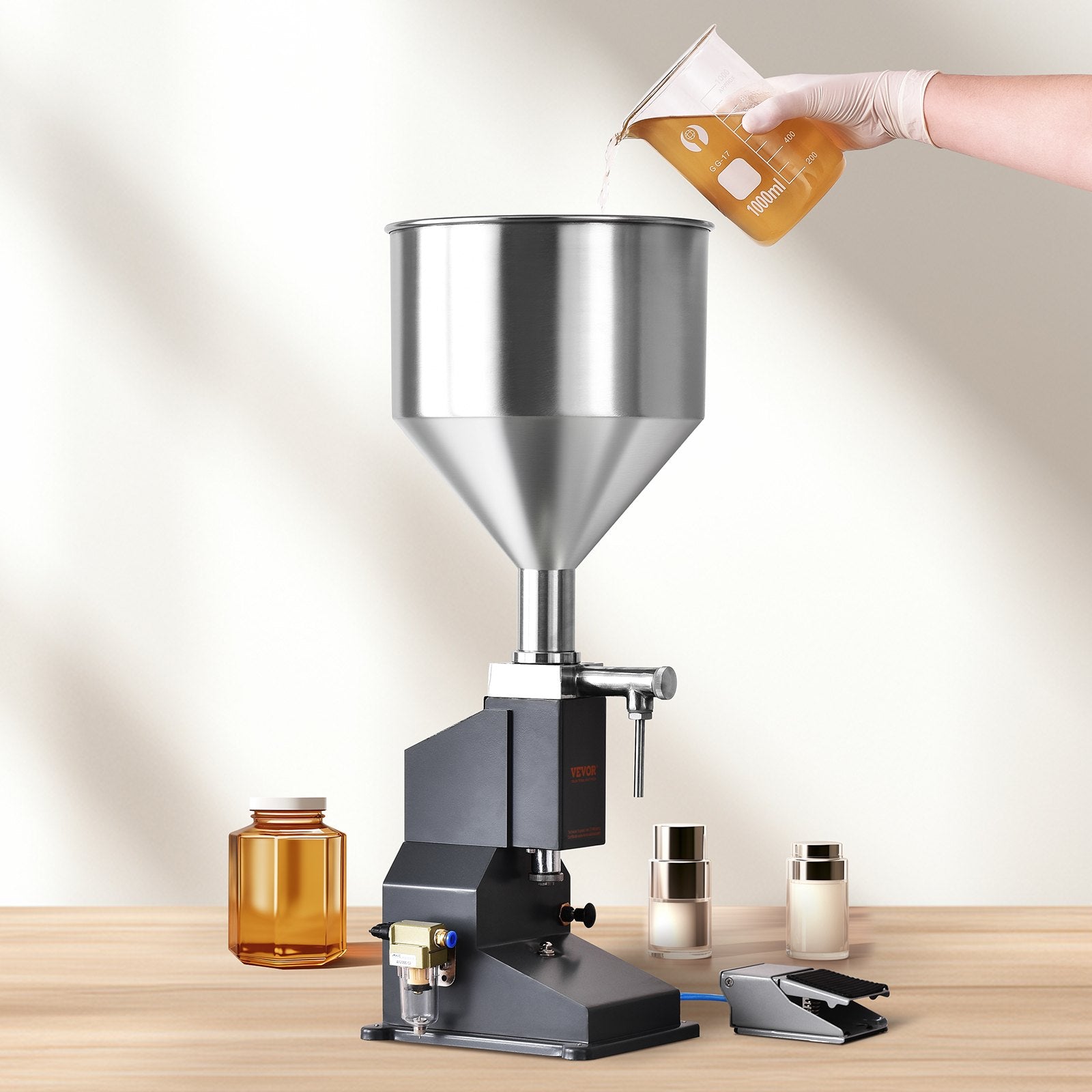 VEVOR Pneumatic Paste Liquid Filling Machine, 5-50ml Bottle Filler, Bottle Filling Machine, Stainless Steel Liquid Filler with Pedal for Milk Water Juice Essential Oil Shampoo Cosmetic Honey Lotion
