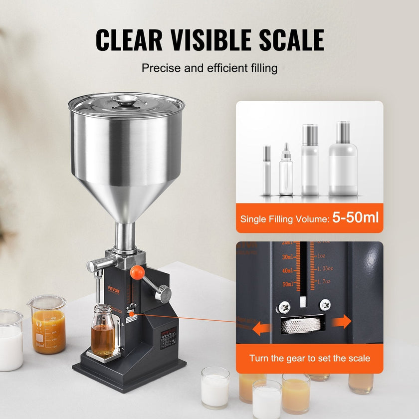 VEVOR Manual Paste Liquid Filling Machine, 5-50ml Bottle Filler, Adjustable Bottle Filling Machine, Stainless Steel Liquid Filler with Hopper for Milk Water Juice Essential Oil Shampoo Cosmetic Honey