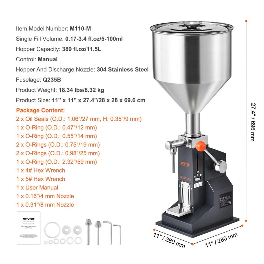 VEVOR Manual Paste Liquid Filling Machine, 5-100ml Bottle Filler, Adjustable Bottle Filling Machine, Stainless Steel Liquid Filler with Hopper for Milk Water Juice Essential Oil Shampoo Cosmetic Honey