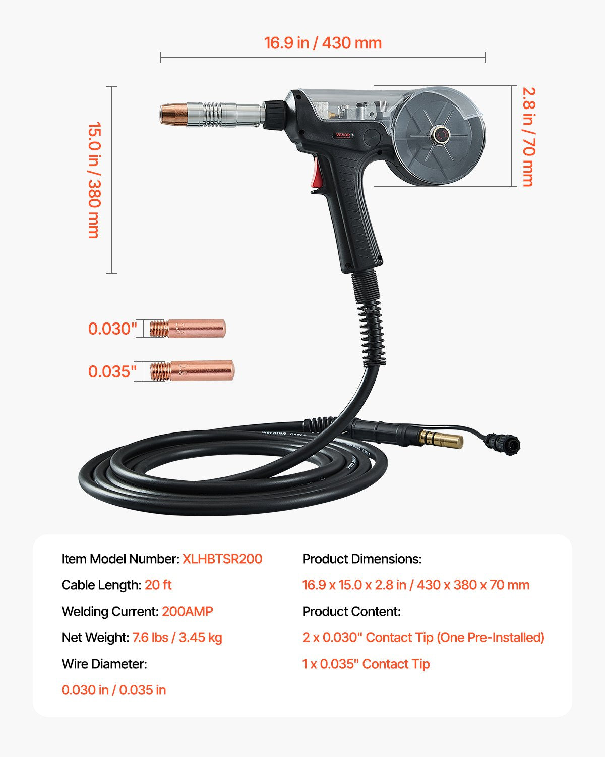 VEVOR 200Amp Spool Gun with 20FT Cable Compatible with Hobart lronMan 240 Welder