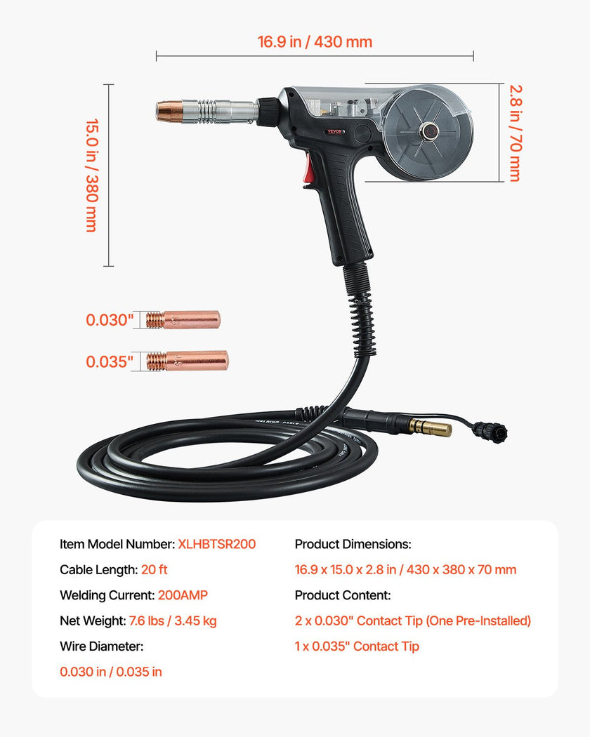 VEVOR 200Amp Spool Gun with 20FT Cable Compatible with Hobart lronMan 240 Welder