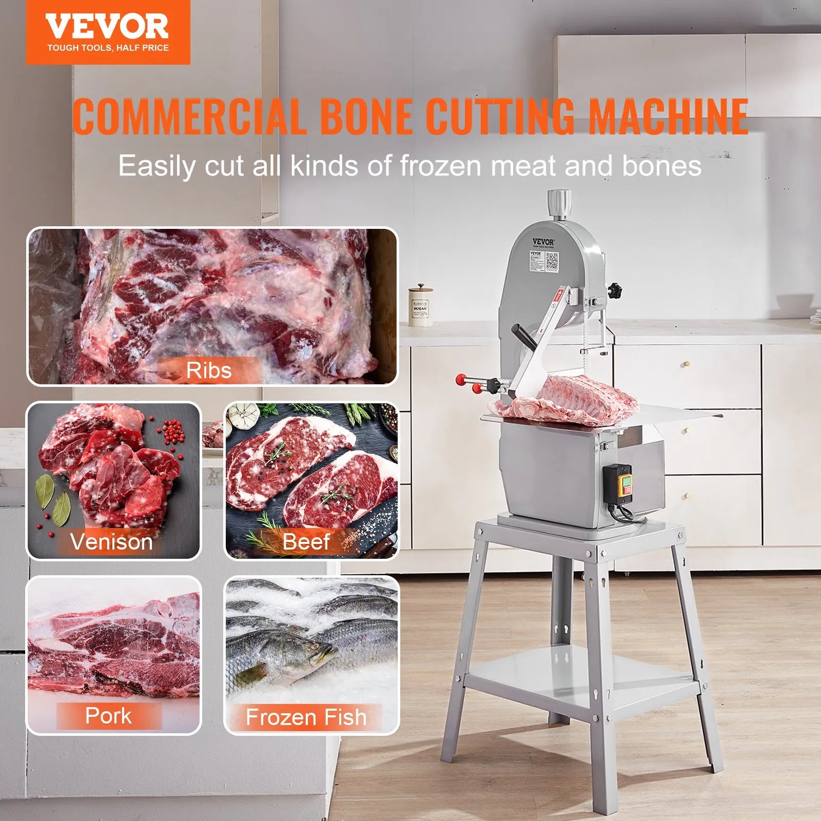 VEVOR Commercial Electric Meat Bandsaw, 1500W Stainless Steel Vertical Bone Sawing Machine, Workbeach 19.3