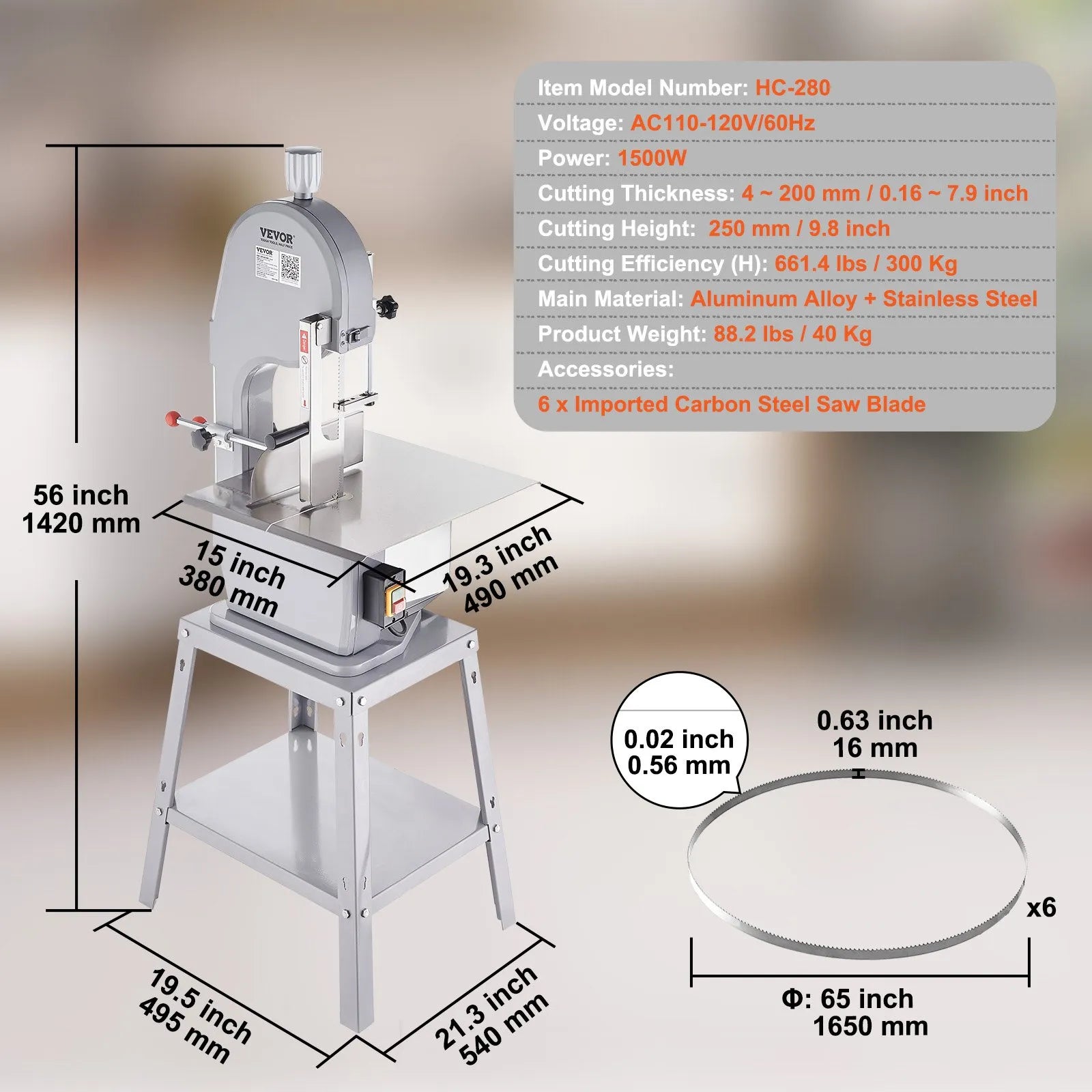 VEVOR Commercial Electric Meat Bandsaw, 1500W Stainless Steel Vertical Bone Sawing Machine, Workbeach 19.3