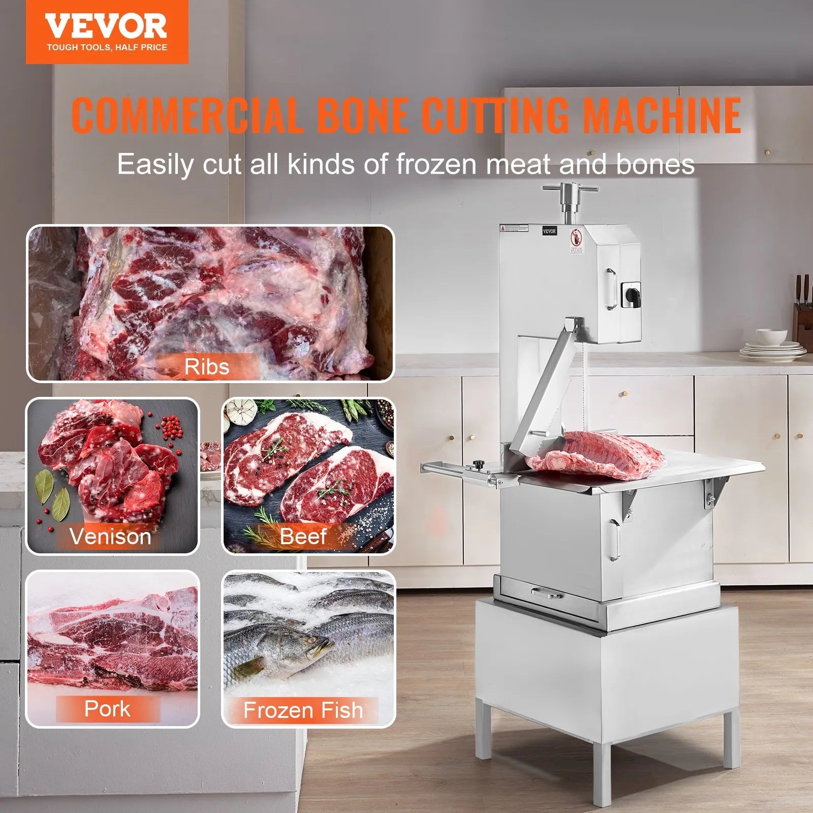 VEVOR Commercial Electric Meat Bandsaw, 2200W Stainless Steel Vertical Bone Sawing Machine, Workbeach 24.4