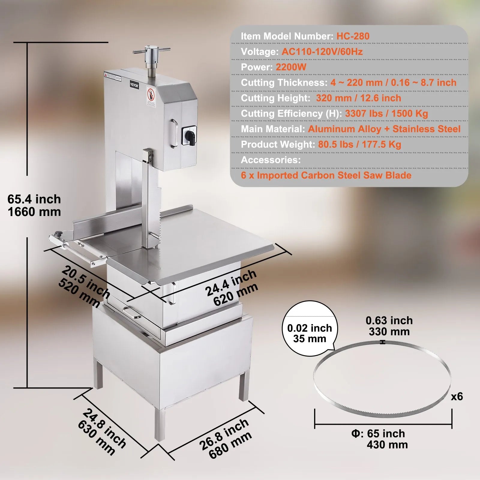 VEVOR Commercial Electric Meat Bandsaw, 2200W Stainless Steel Vertical Bone Sawing Machine, Workbeach 24.4