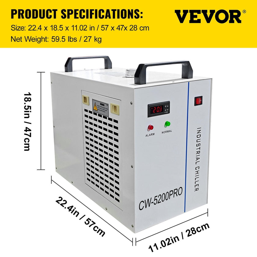VEVOR Industrial Chiller, CW5200 Industrial Water Chiller, 1400W Cooling Capacity, 6L Capacity Cooling Water, Precise Thermostat Recirculating Chiller for 130/150W Engraving Machine Cooling Machine