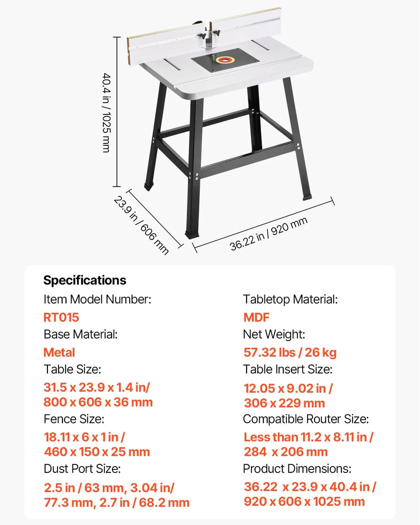VEVOR Benchtop Router Table 31.5x23.9 in with Fence MDF Top Dust Collection Port