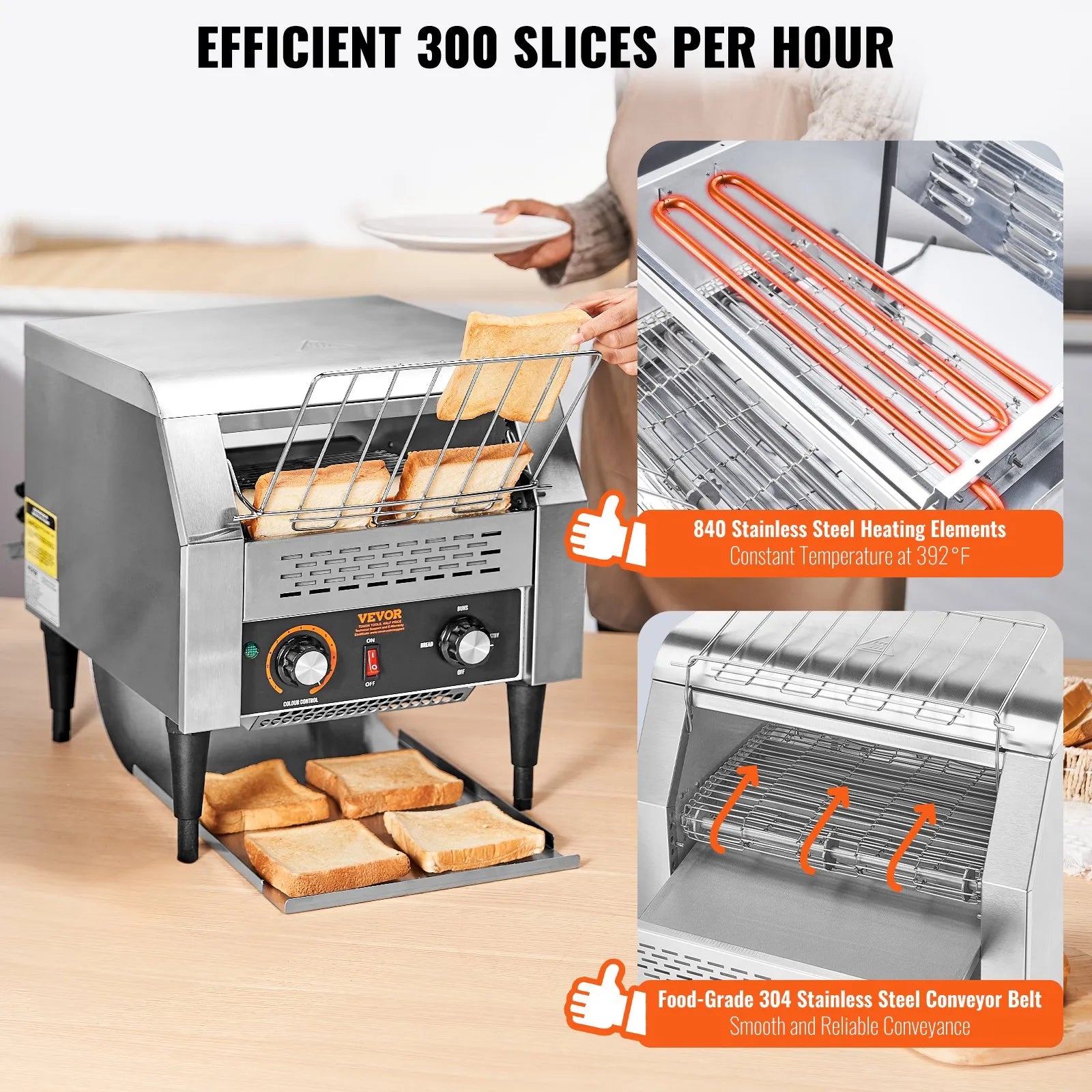 VEVOR Commercial Conveyor Toaster, 300 Slices/Hour Conveyor Belt Toaster, Heavy Duty Stainless Steel Commercial Toaster Oven, Electric  Restaurant Commercial Toaster for Toast Bun, Bagel, Bread