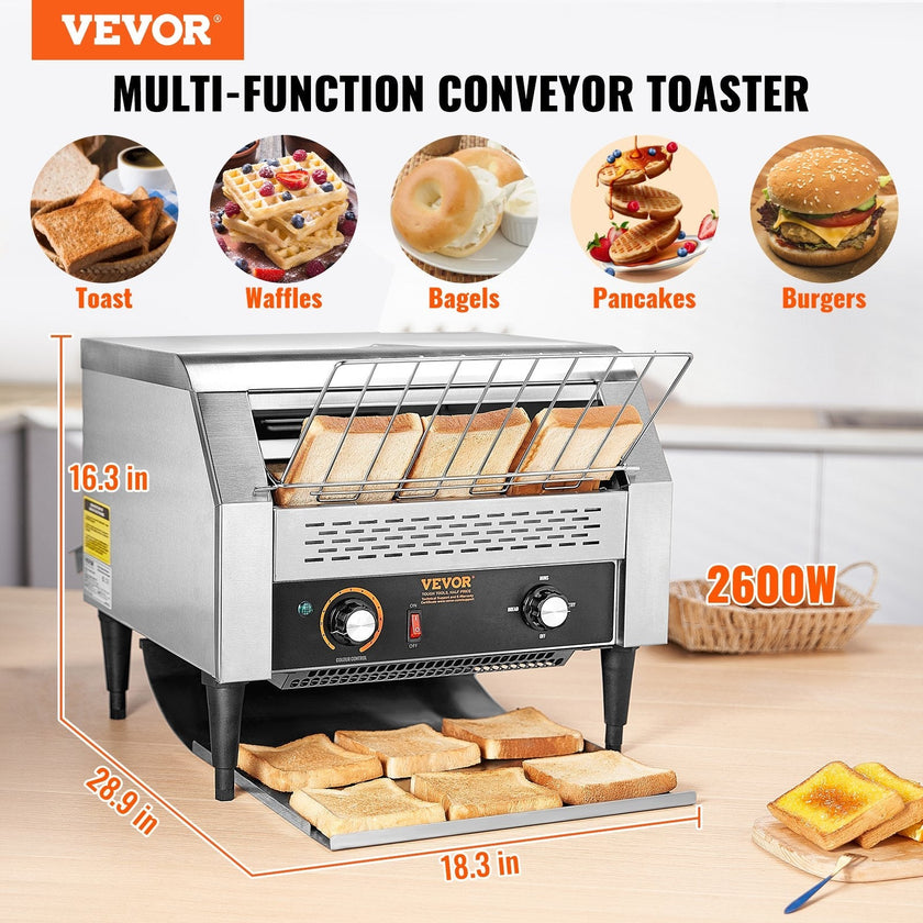 VEVOR Commercial Conveyor Toaster, 450 Slices/Hour Conveyor Belt Toaster, Heavy Duty Stainless Steel Commercial Toaster Oven, Electric  Restaurant Commercial Toaster for Toast Bun, Bagel, Bread