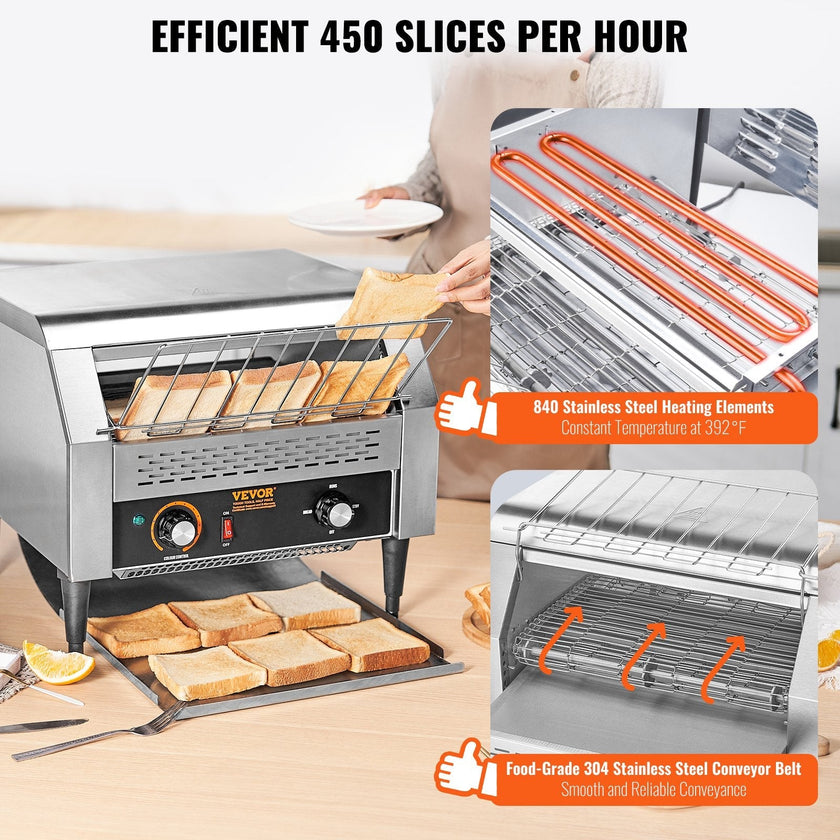 VEVOR Commercial Conveyor Toaster, 450 Slices/Hour Conveyor Belt Toaster, Heavy Duty Stainless Steel Commercial Toaster Oven, Electric  Restaurant Commercial Toaster for Toast Bun, Bagel, Bread
