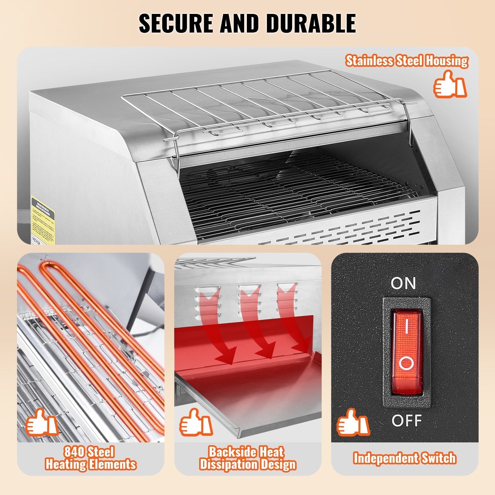 VEVOR Commercial Conveyor Toaster, 450 Slices/Hour Conveyor Belt Toaster, Heavy Duty Stainless Steel Commercial Toaster Oven, Electric  Restaurant Commercial Toaster for Toast Bun, Bagel, Bread