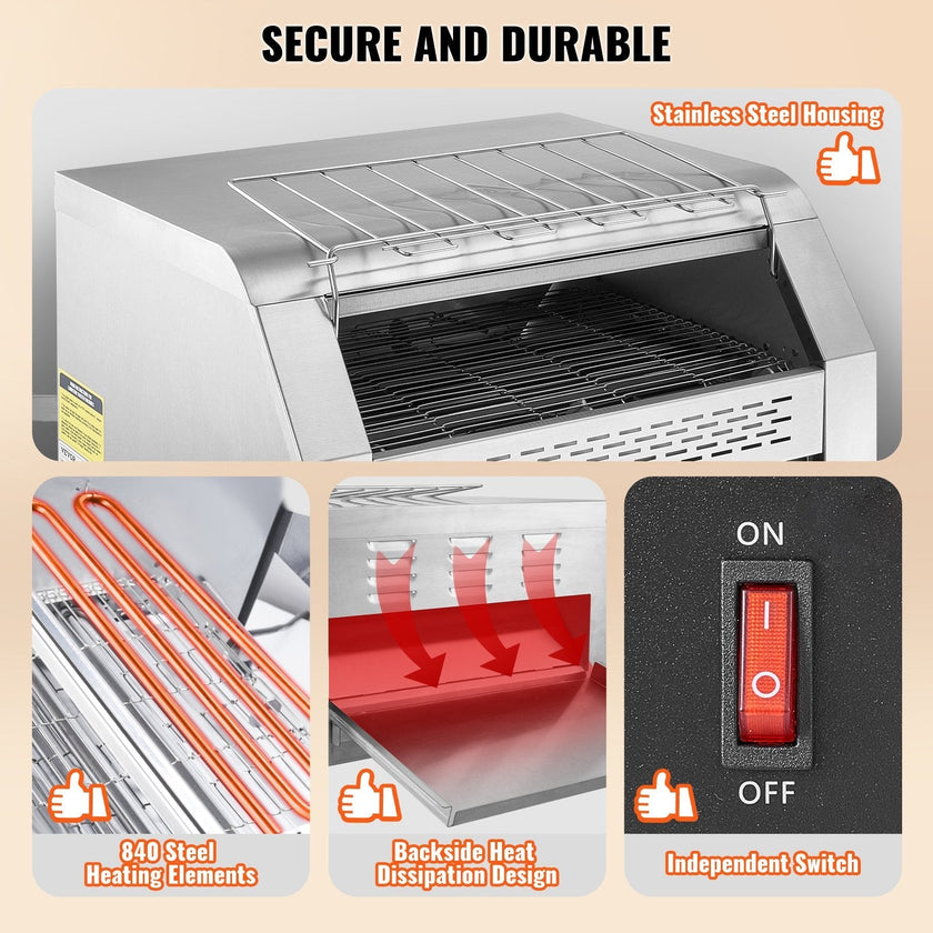 VEVOR Commercial Conveyor Toaster, 450 Slices/Hour Conveyor Belt Toaster, Heavy Duty Stainless Steel Commercial Toaster Oven, Electric  Restaurant Commercial Toaster for Toast Bun, Bagel, Bread