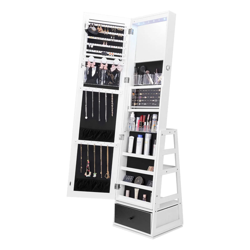 VEVOR Mirror Jewelry Cabinet 360° Swivel Standing Mirror with Storage White