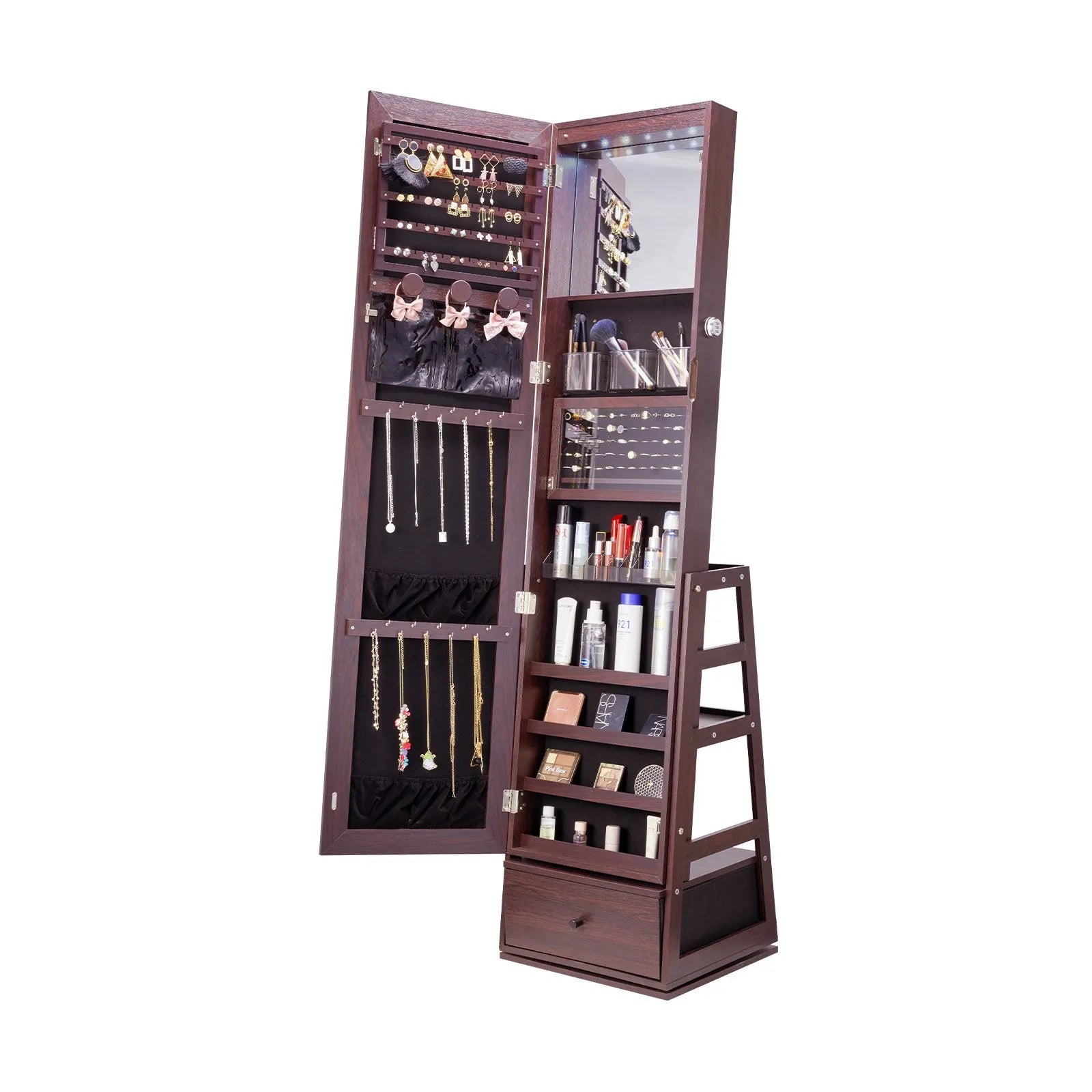 VEVOR Mirror Jewelry Cabinet 360° Swivel Standing Mirror with Storage Brown