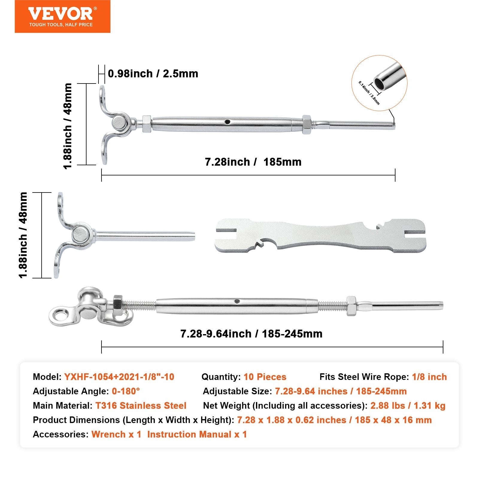 VEVOR T316 Stainless Steel Adjustable Angle 1/8