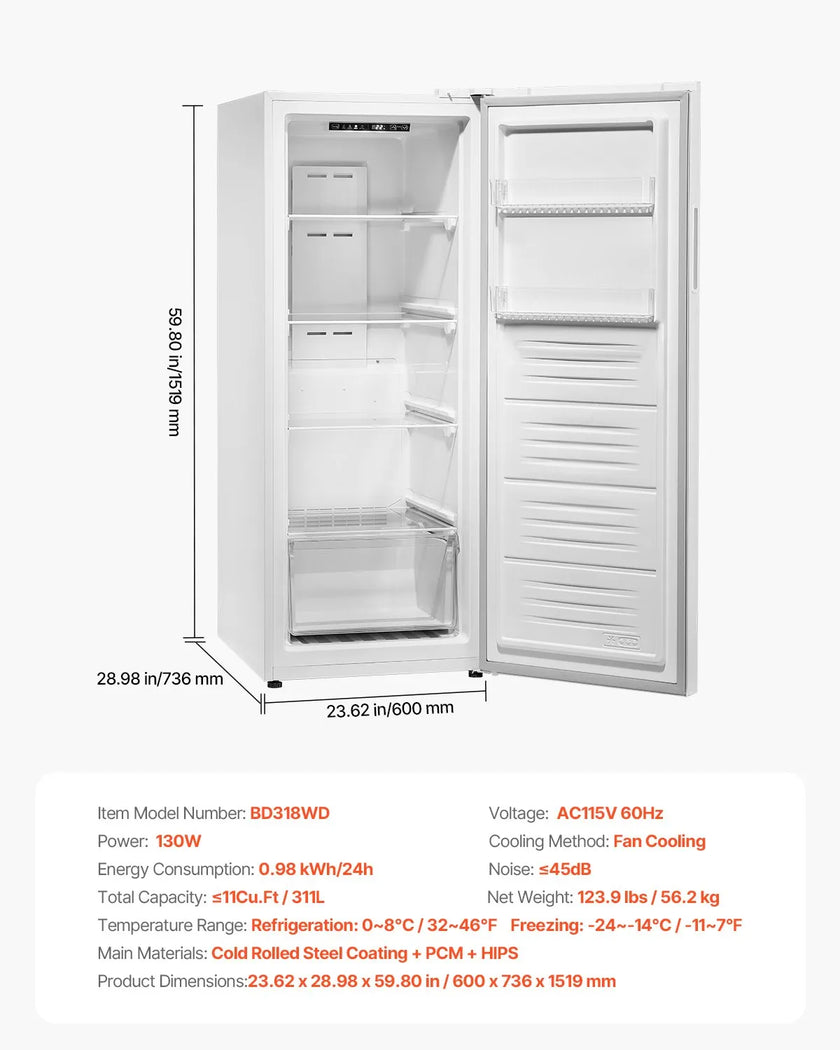 VEVOR Convertible Freezer/Refrigerator 11 Cu.Ft Frost Free Upright Freezer Home