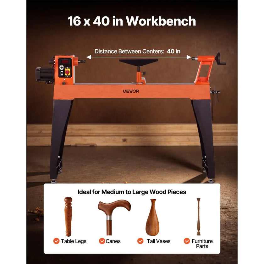 VEVOR Woodworking Lathe, 1.5 HP, Wood Lathe Machine with 0 to 3200 RPM Variable Speed, 16 x 40 in Workbench, Brushless DC Motor, Cast Iron Body, Tool Rest, for Medium to Large Projects Woodworking