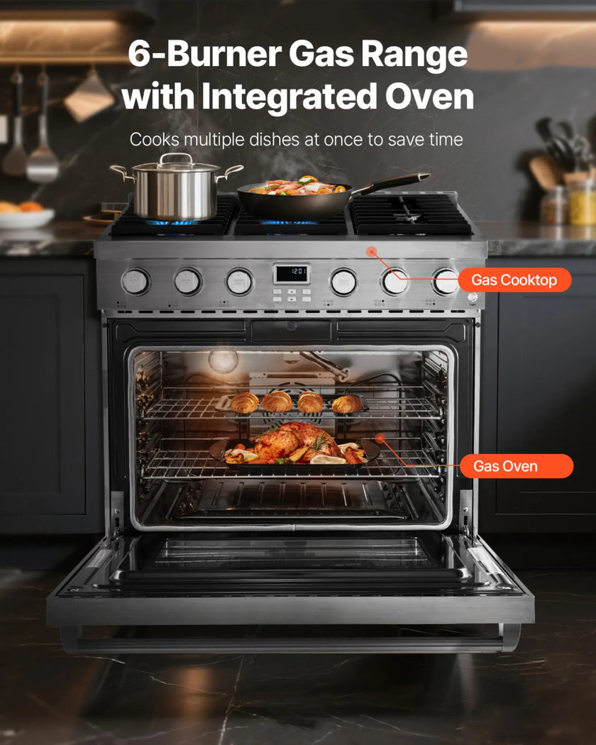 36-Inch Gas Range Oven with 6 Sealed Burners, 6.0 Cu. Ft. Convection Oven, Stainless Steel Freestanding Range