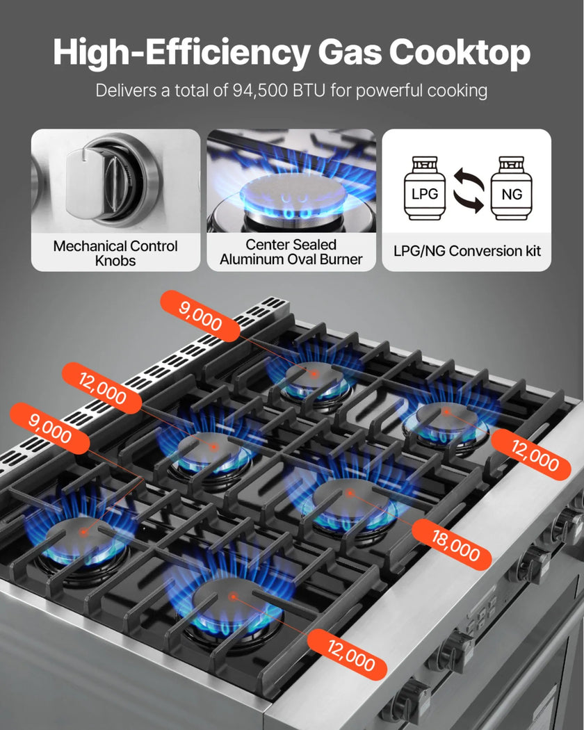 36-Inch Gas Range Oven with 6 Sealed Burners, 6.0 Cu. Ft. Convection Oven, Stainless Steel Freestanding Range