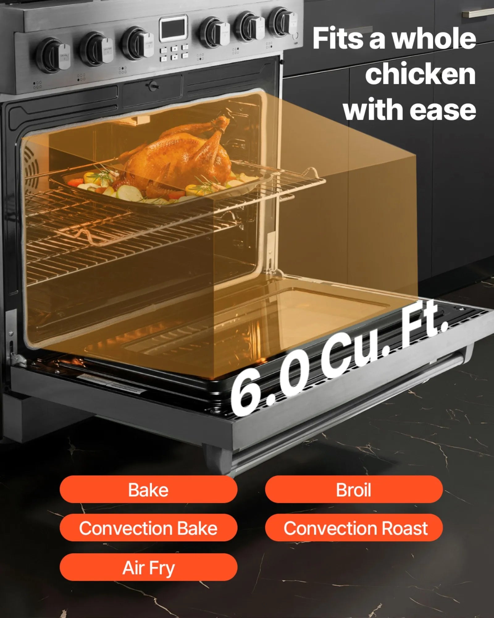 36-Inch Gas Range Oven with 6 Sealed Burners, 6.0 Cu. Ft. Convection Oven, Stainless Steel Freestanding Range