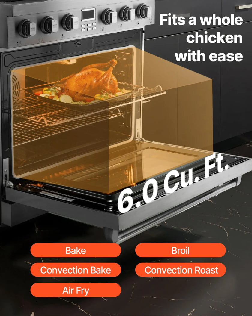 36-Inch Gas Range Oven with 6 Sealed Burners, 6.0 Cu. Ft. Convection Oven, Stainless Steel Freestanding Range