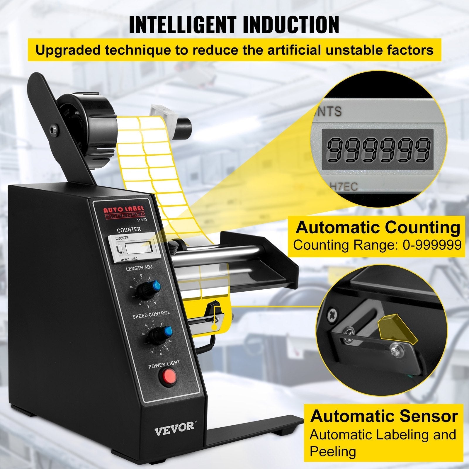 VEVOR Automatic Label Dispenser 110V, 12W AL-1150D Automatic Manual Label Stripper Label Machine 1-8 m/min, Portable Label Applicator for Various Bottles Label Sizes, Auto Counting 0-999999