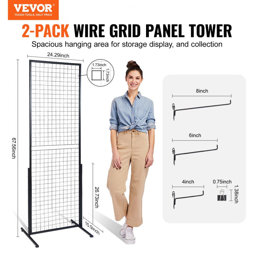 VEVOR 2' x 5.6' Grid Wall Panels Tower, 2 Packs Wire Gridwall Display Racks with T-Base Floorstanding, Double Side Gridwall Panels for Art Craft Shows, Retail Display with Extra Clips and Hooks