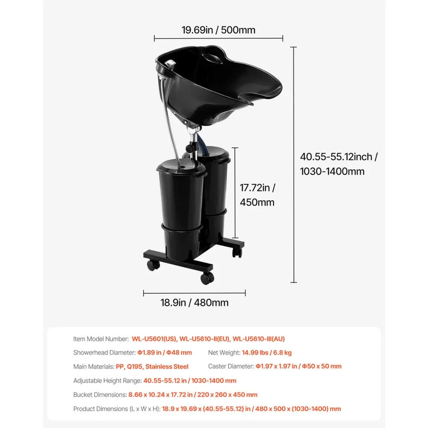 VEVOR Portable Shampoo Bowl with Drain Hose 2 Buckets Adjustable Height Salon Sink