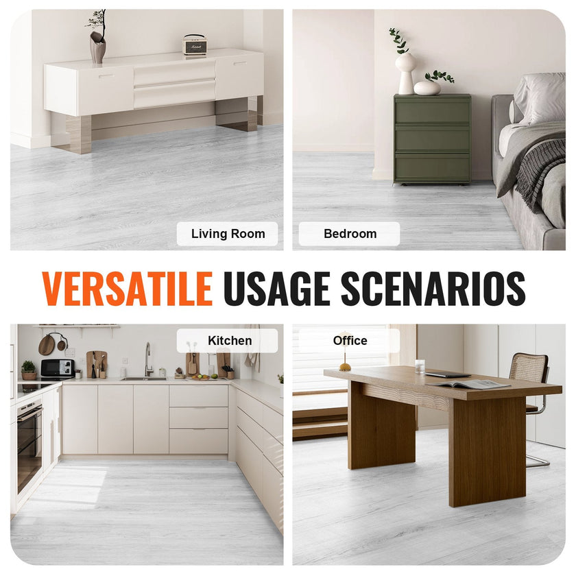 VEVOR Interlocking Vinyl Floor Tiles 48 x 7.3 inch, 10 Tiles 5.5mm Thick Snap Together, Light Gray Wood Grain DIY Flooring for Kitchen, Dining Room, Bedrooms & Bathrooms, Easy for Home Decor