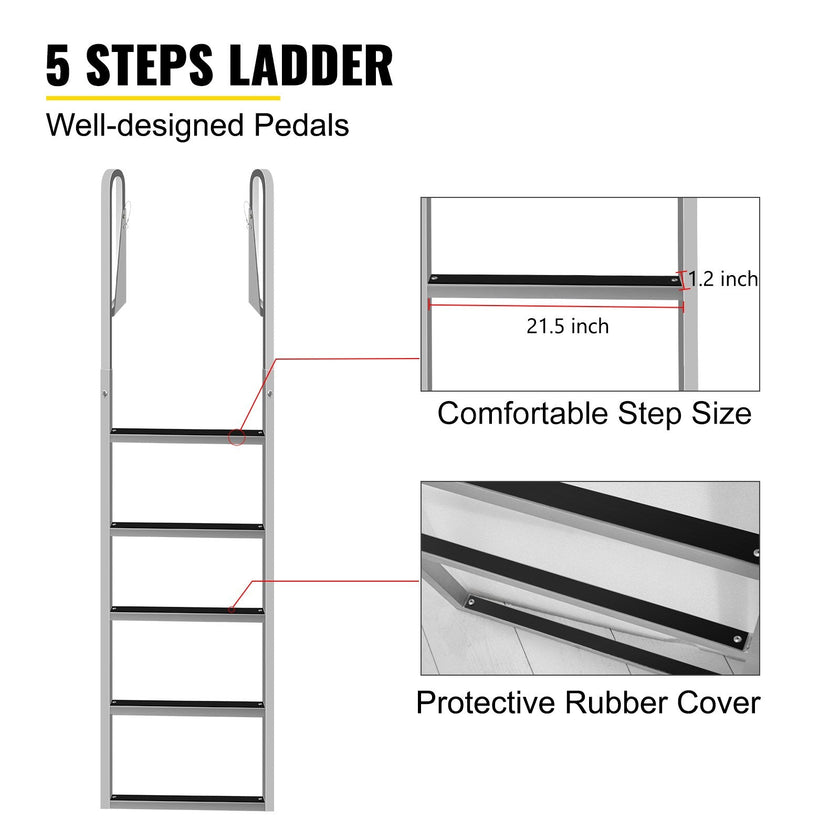 VEVOR Dock Ladders Flip Up, Dock Ladder with Rubber Mat, Swim Ladder Aluminum 5 Step, Each Step 21.5\