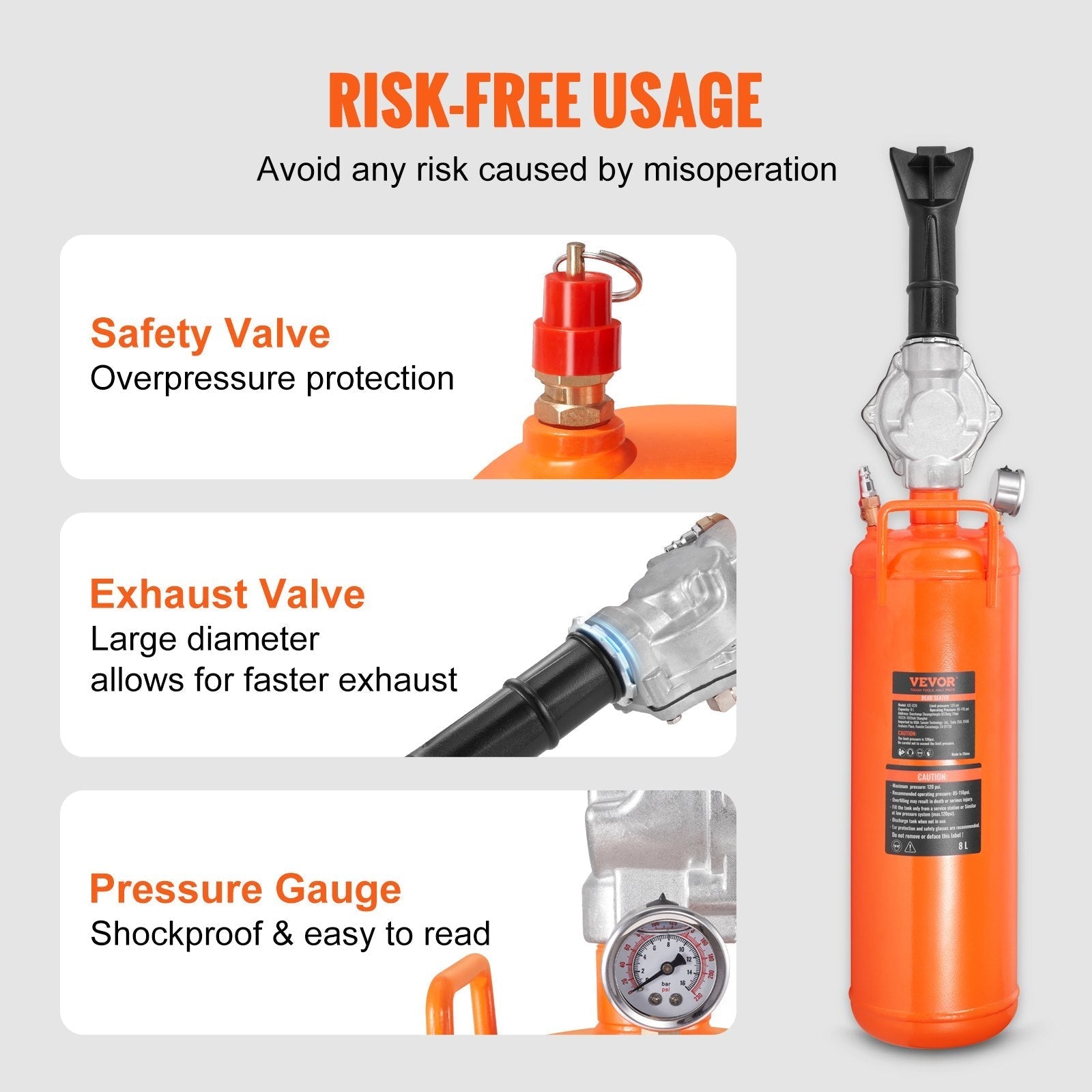 VEVOR Tire Bead Setter, 8L Capacity, 120 PSI Air Bead Blaster, Handheld & Portable Inflation Device, 85-116 PSI for Trucks, Tractors, ATVs & Cars