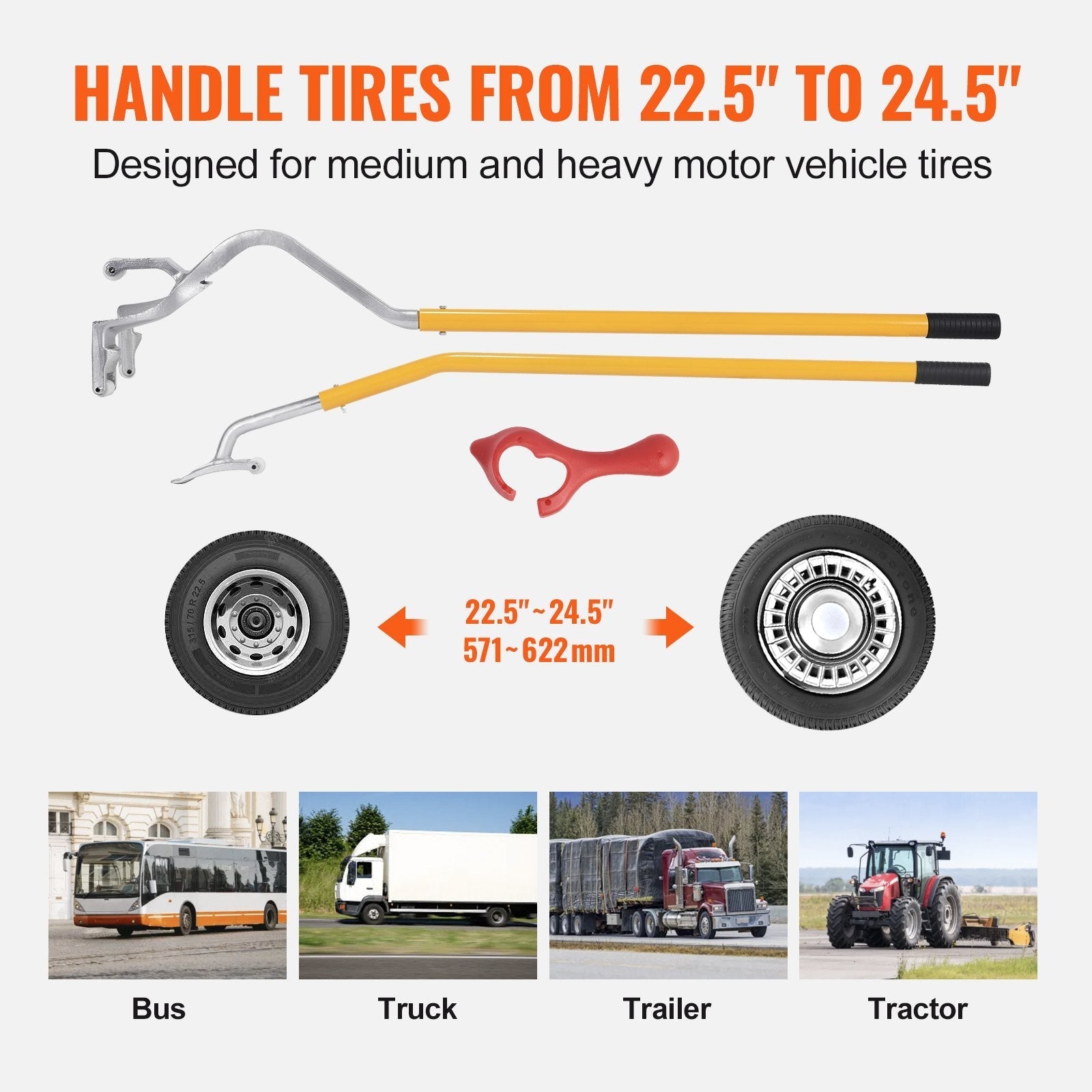 VEVOR Tire Mount Demount Tool, 22.5-24.5 inch Manual Steel Tire Changer Mount Demount Removal Tool, with Extra Bead Keeper, Tubeless Truck Bead Breaker, 3 PCS Tire Changing Tools, Orange