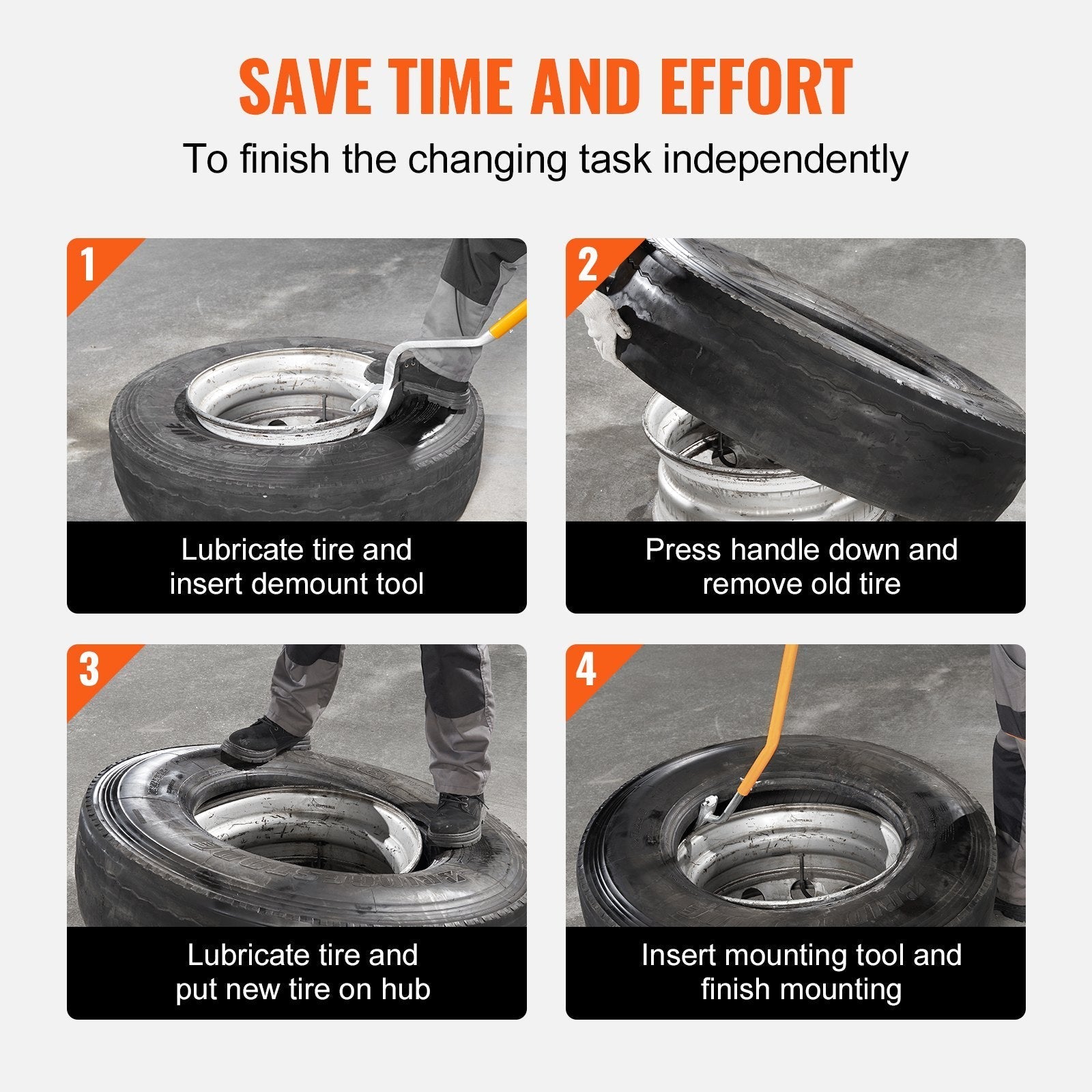 VEVOR Tire Mount Demount Tool, 22.5-24.5 inch Manual Steel Tire Changer Mount Demount Removal Tool, with Extra Bead Keeper, Tubeless Truck Bead Breaker, 3 PCS Tire Changing Tools, Orange