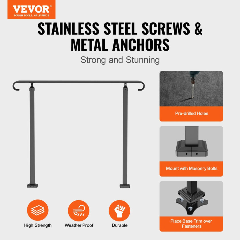 VEVOR Wrought Iron Handrail, Fit 2 or 3 Steps Outdoor Stair Railing, Adjustable Front Porch Hand Rail, Black Transitional Hand railings for Concrete Steps or Wooden Stairs with Installation Kit