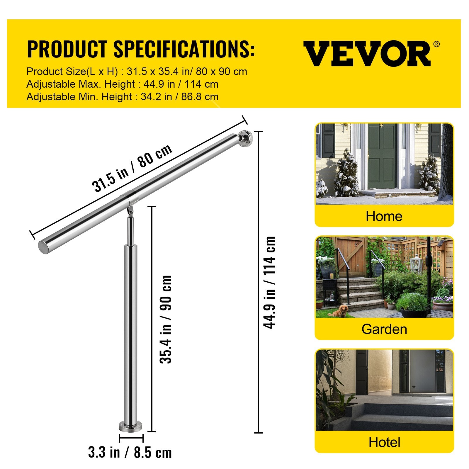 Outdoor Stair Railing Step Handrail 304 Stainless Steel 31.5x35.4