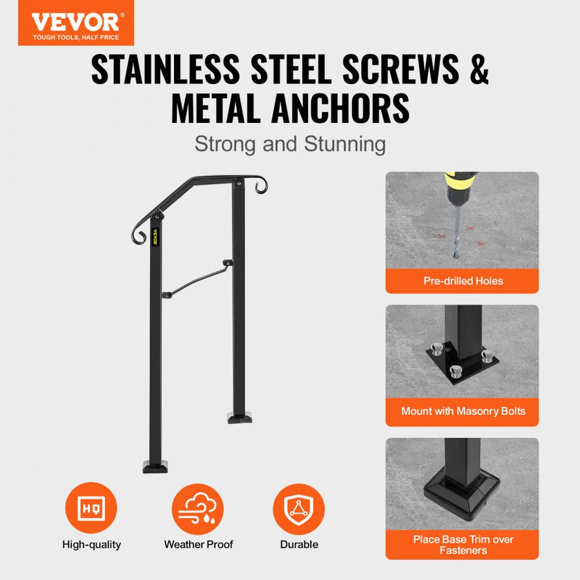 Fits 1 Step Handrail Arch #1 Matte Black Iron Powder Coating Brick Steps