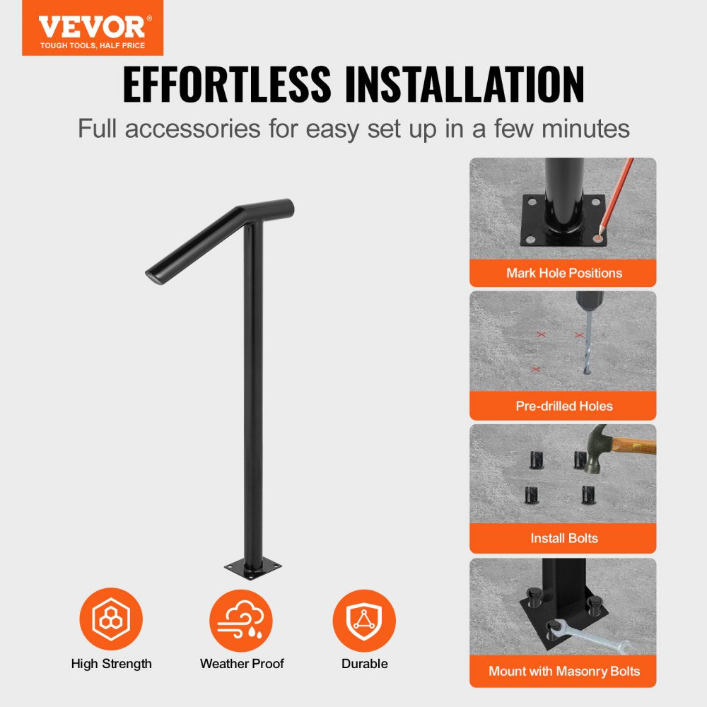 VEVOR Single Post 1-2, Black Steel Railing 441LBS Capacity Baking Varnish Iron Stairs Stylish Handrails for Outdoor Steps with Expansion Bolts & Drill Bit