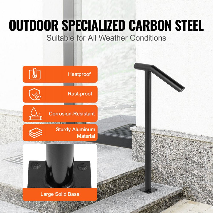 VEVOR Single Post 1-2, Black Steel Railing 441LBS Capacity Baking Varnish Iron Stairs Stylish Handrails for Outdoor Steps with Expansion Bolts & Drill Bit