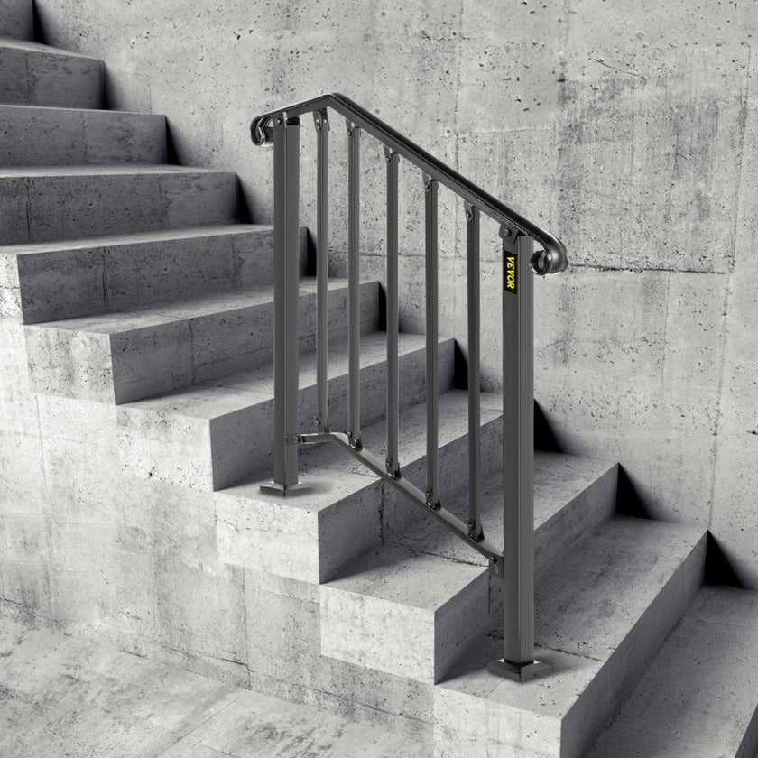 VEVOR Handrail Picket #2 Fits 2 or 3 Steps Matte Black Stair Rail Wrought Iron Handrail Black Transitional Hand railings for Concrete Steps or Wooden Stairs with Installation Kit