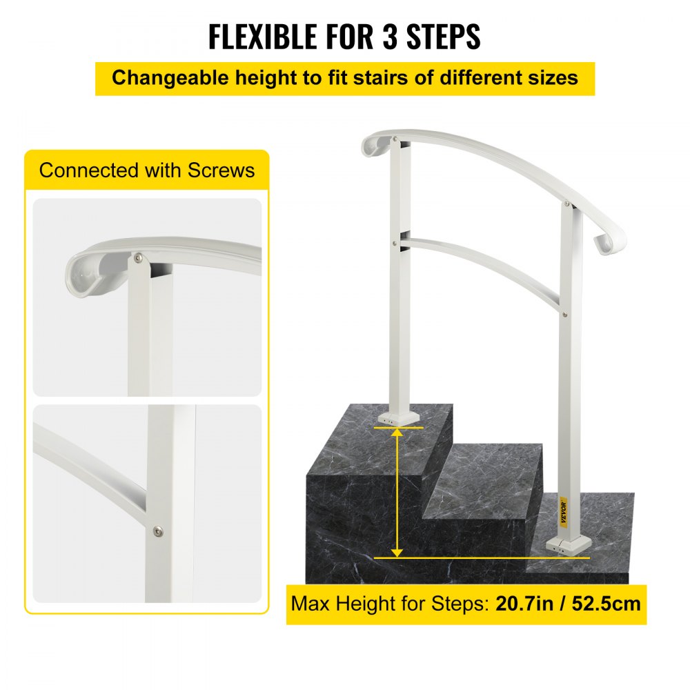 VEVOR 3-Step Handrails for Outdoor Steps Fits 1 or 3 Steps Matte White Stair Rail Wrought Iron Handrail with Installation Kit Hand Rails for Outdoor Step