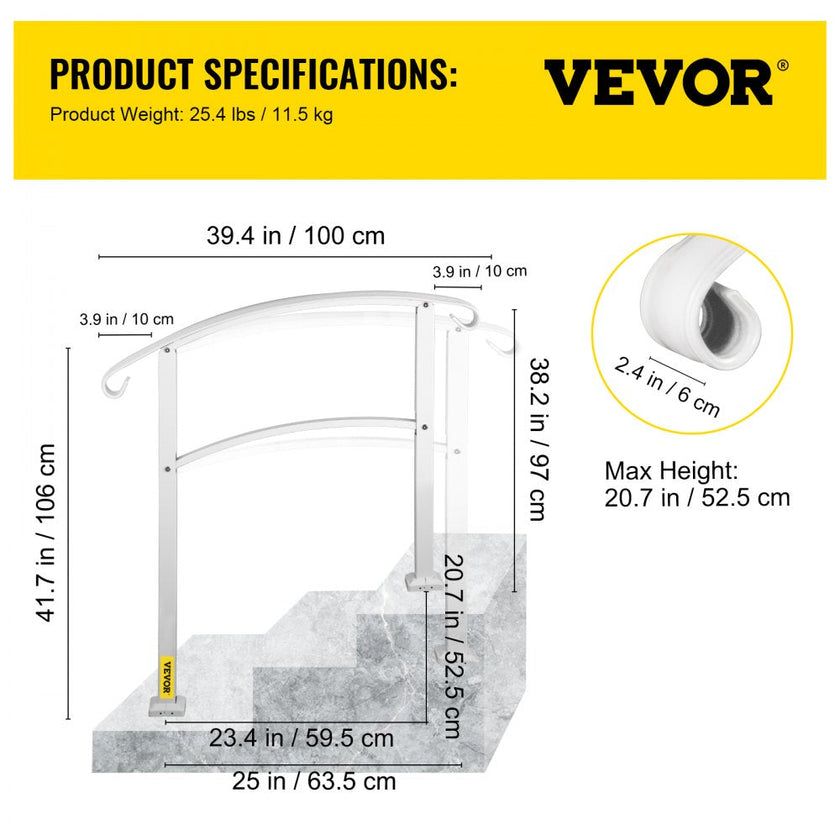 VEVOR 3-Step Handrails for Outdoor Steps Fits 1 or 3 Steps Matte White Stair Rail Wrought Iron Handrail with Installation Kit Hand Rails for Outdoor Step