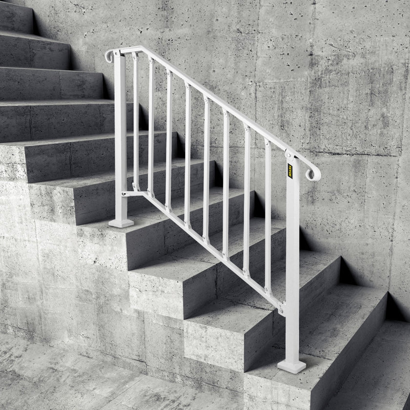 VEVOR Fit 3 or 4 Steps Outdoor Stair Railing, Handrails for Outdoor Steps, Picket#3 Wrought Iron Handrail, Flexible Porch Railing, White Transitional Handrails for Concrete Steps or Wooden Stairs