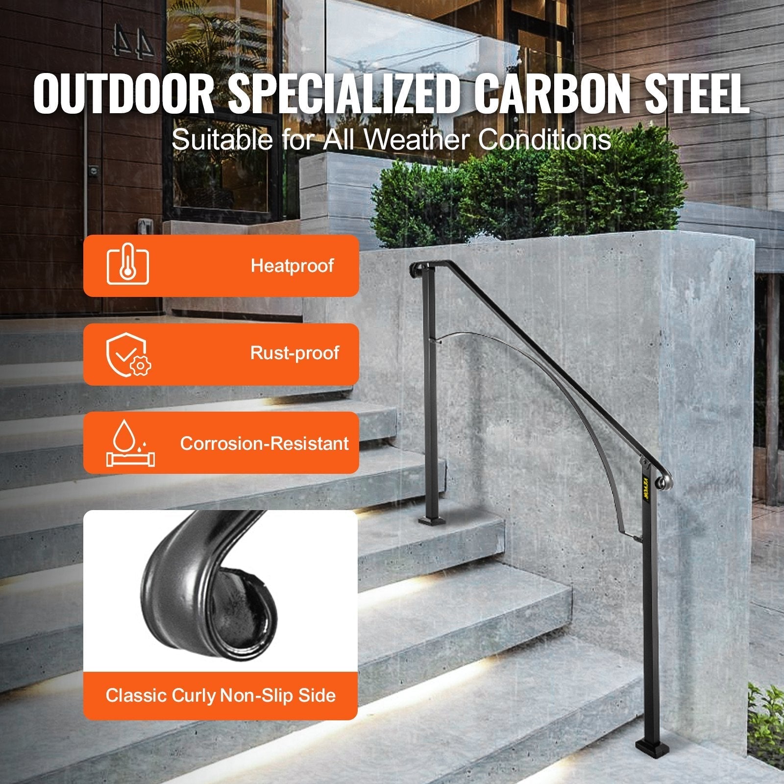 VEVOR Handrails for Outdoor Steps, Fit 3 or 4 Steps Outdoor Stair Railing, Arch#3 Wrought Iron Handrail, Flexible Porch Railing, Black Transitional Handrails for Concrete Steps or Wooden Stairs