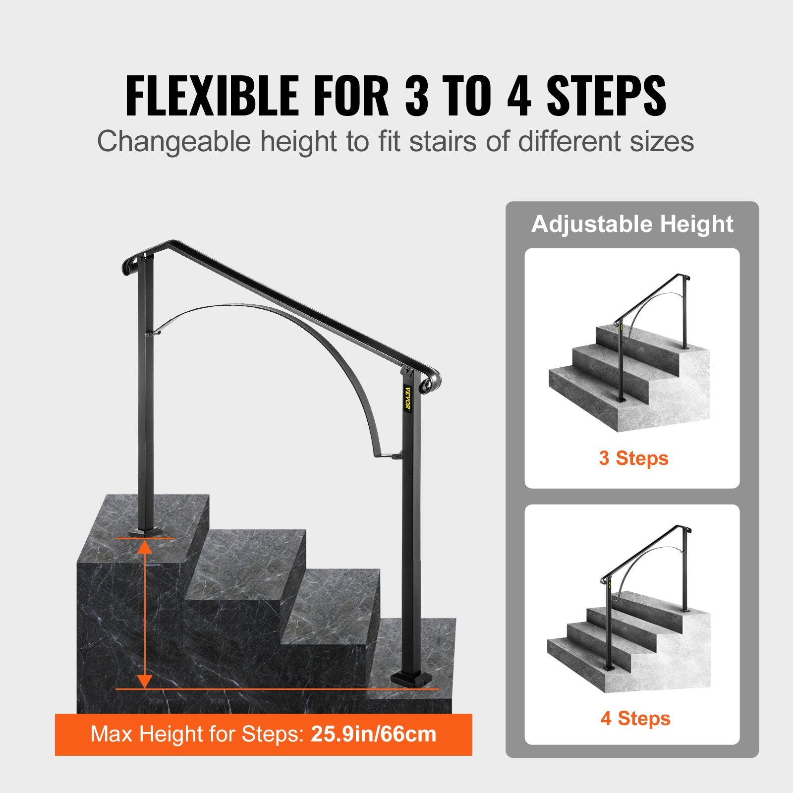 VEVOR Handrails for Outdoor Steps, Fit 3 or 4 Steps Outdoor Stair Railing, Arch#3 Wrought Iron Handrail, Flexible Porch Railing, Black Transitional Handrails for Concrete Steps or Wooden Stairs