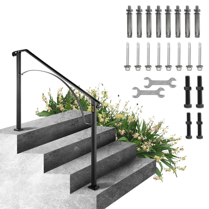 VEVOR Handrails for Outdoor Steps, Fit 3 or 4 Steps Outdoor Stair Railing, Arch#3 Wrought Iron Handrail, Flexible Porch Railing, Black Transitional Handrails for Concrete Steps or Wooden Stairs