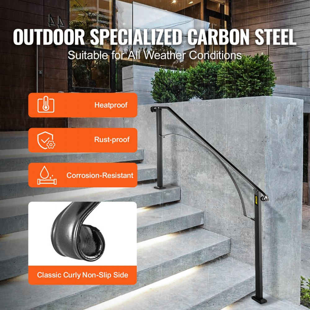 VEVOR Handrails for Outdoor Steps, Fit 4 or 5 Steps Outdoor Stair Railing, Arch#4 Wrought Iron Handrail, Flexible Porch Railing, Black Transitional Handrails for Concrete Steps or Wooden Stairs