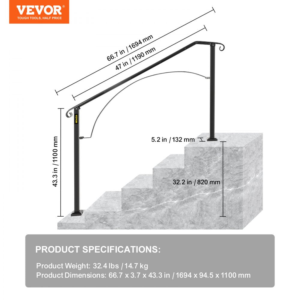 VEVOR Handrails for Outdoor Steps, Fit 4 or 5 Steps Outdoor Stair Railing, Arch#4 Wrought Iron Handrail, Flexible Porch Railing, Black Transitional Handrails for Concrete Steps or Wooden Stairs